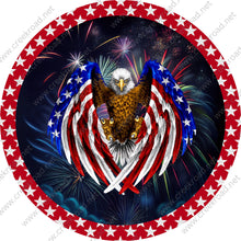 Load image into Gallery viewer, Flying American Eagle with Fireworks Background Red White Stars Border Wreath Sign-Wreath Sign-Sublimation Sign-Wreath Attachment-Patriotic
