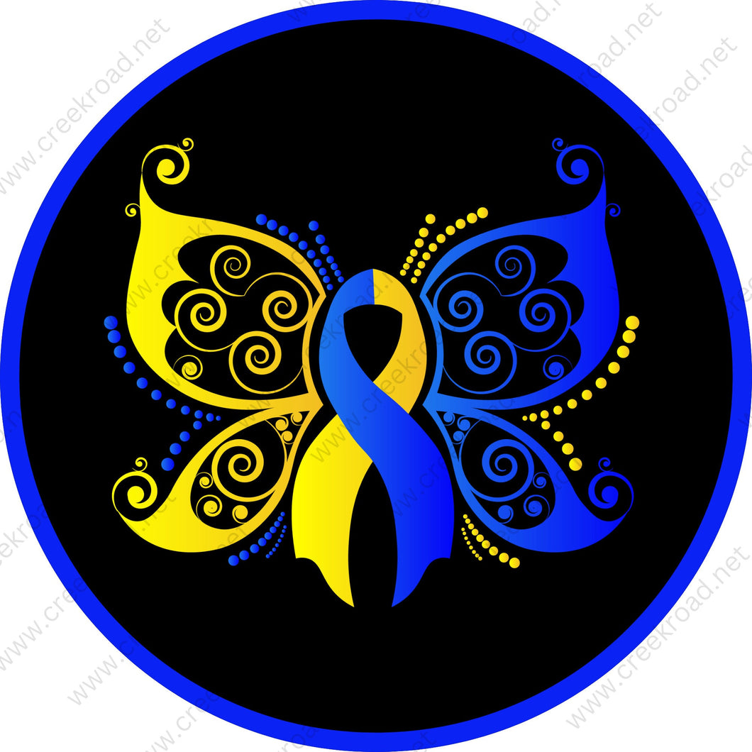 Down Syndrome Awareness Butterfly Yellow Blue on Black Background Wreath Sign-Sublimation-Round-Attachment-Decor