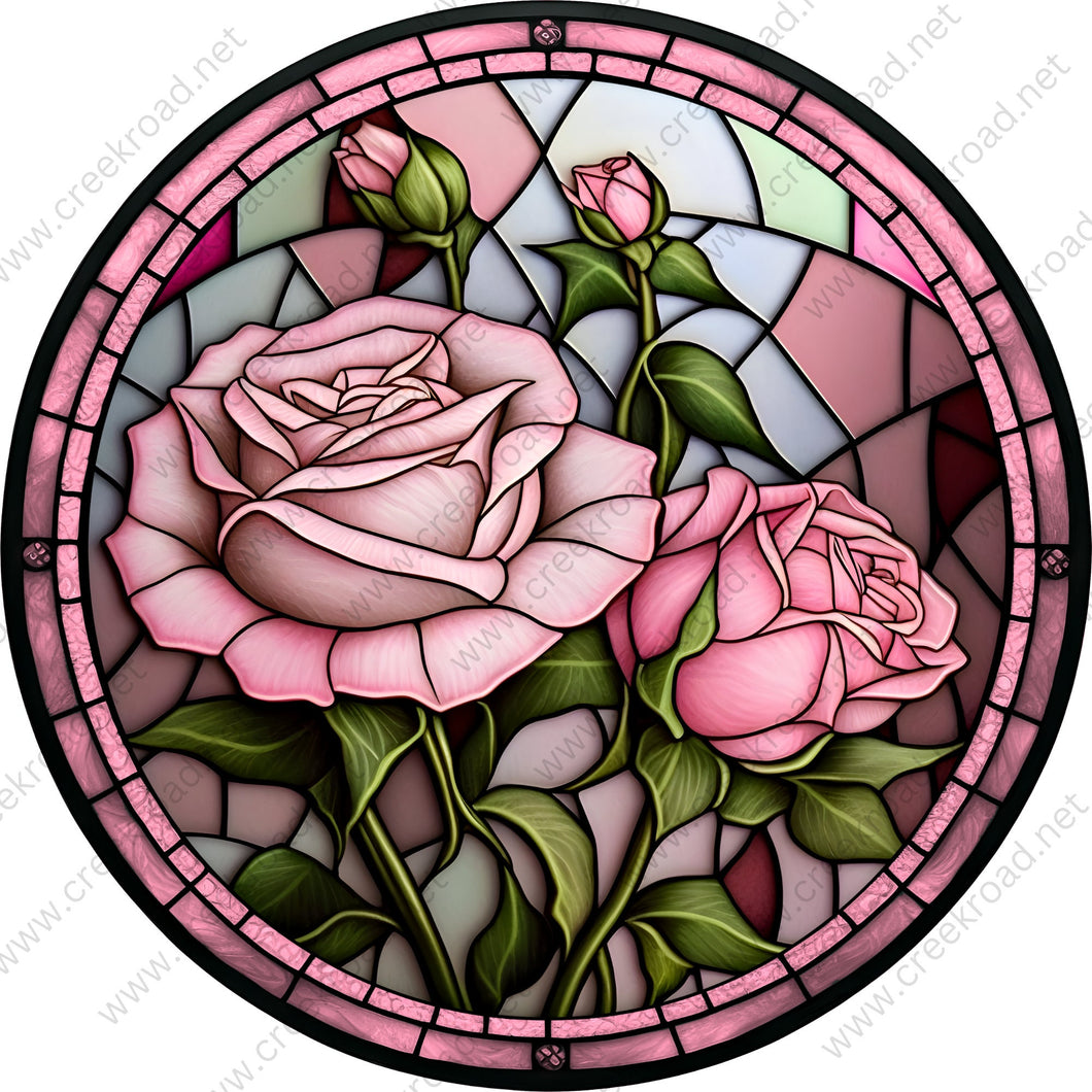 Stunning Pink Roses Faux Stained Glass Wreath Sign Attachment-Sublimation-Round-Summer Decor