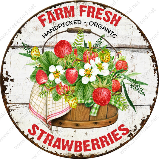 Farm Fresh Handpicked Organic Strawberries Vintage Distressed Wreath Sign Attachment-Sublimation-Round-Summer Decor