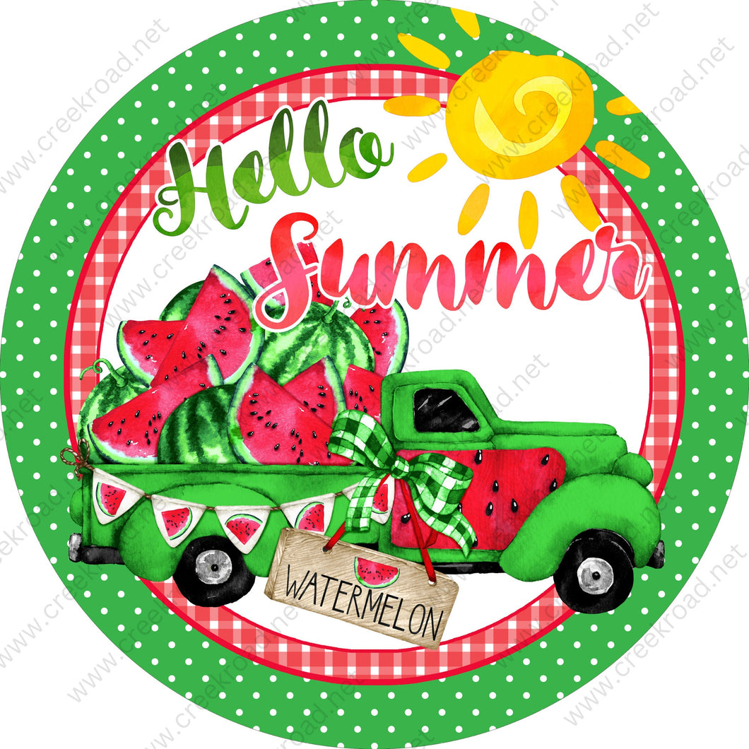 Hello Summer Green Truck Full of Watermelons White Polka Dot Red Checkered Wreath Sign Attachment-Sublimation-Round-Summer Decor