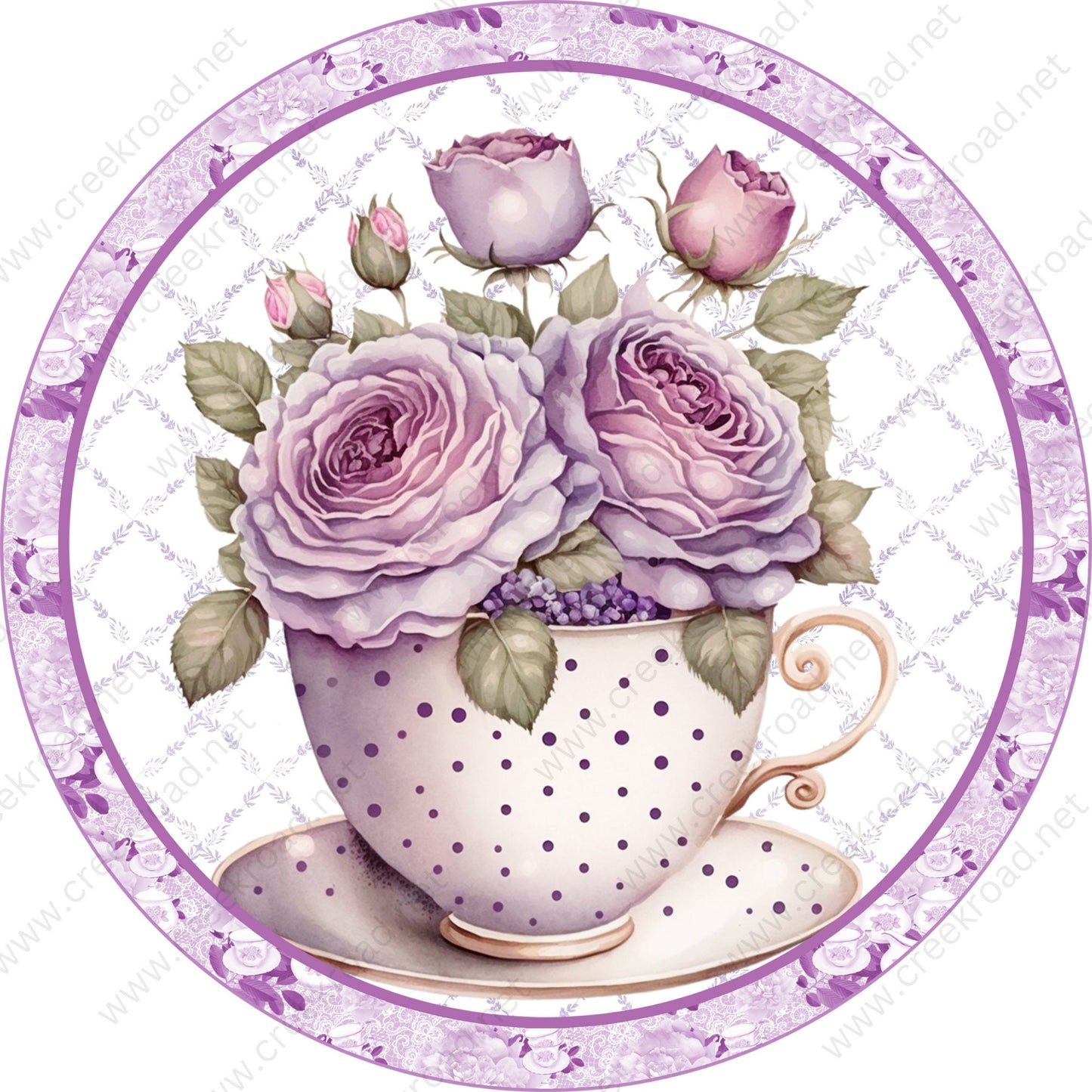 Lavender Roses in Purple Polka Dot Tea Cup on Saucer Wreath Sign Attachment-Sublimation-Round-Summer Decor