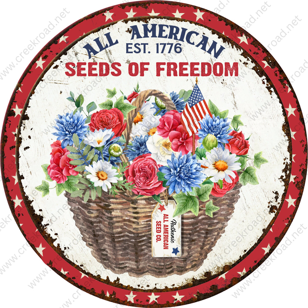 All American Seeds Of Freedom Established 1776 Patriotic Bouquet in Wicker Basket Rusted-Round-Sublimation-Aluminum-Attachment-Decor