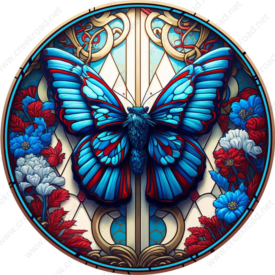 Patriotic Butterfly Faux Stained Glass Wreath Sign-Round-Sublimation-Aluminum-Attachment-Decor