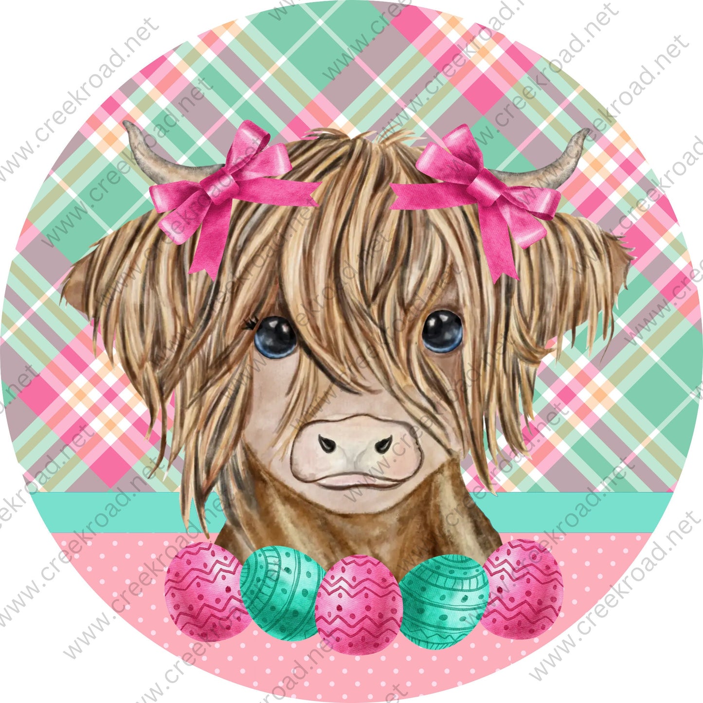 Easter Highland Cow with Pink Bows on Green Pink Plaid Background-Easter-Sublimation-Wreath Sign-Attachment