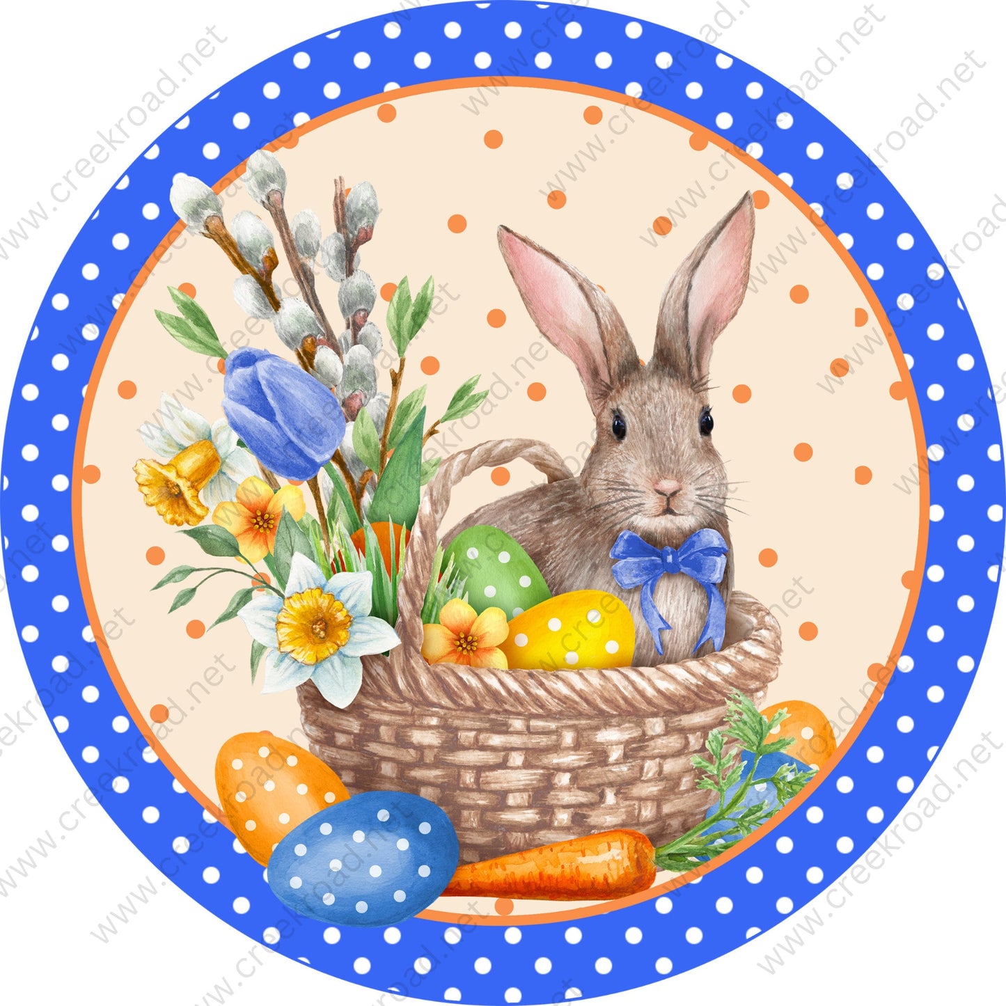 Brown Bunny in Basket Surrounded by Polka Dot Eggs Blue White Polka Dot Border Orange Dots Blank -Easter-Sublimation-Wreath Sign-Attachment