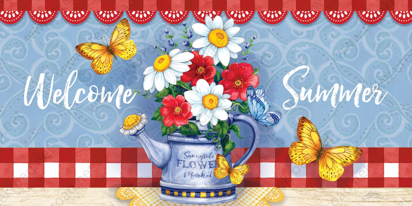 Welcome Summer Flowers in Watering Can Butterflies Red Gingham Wreath Sign-6.00" x 12.00" Sublimation-Spring-Metal Sign