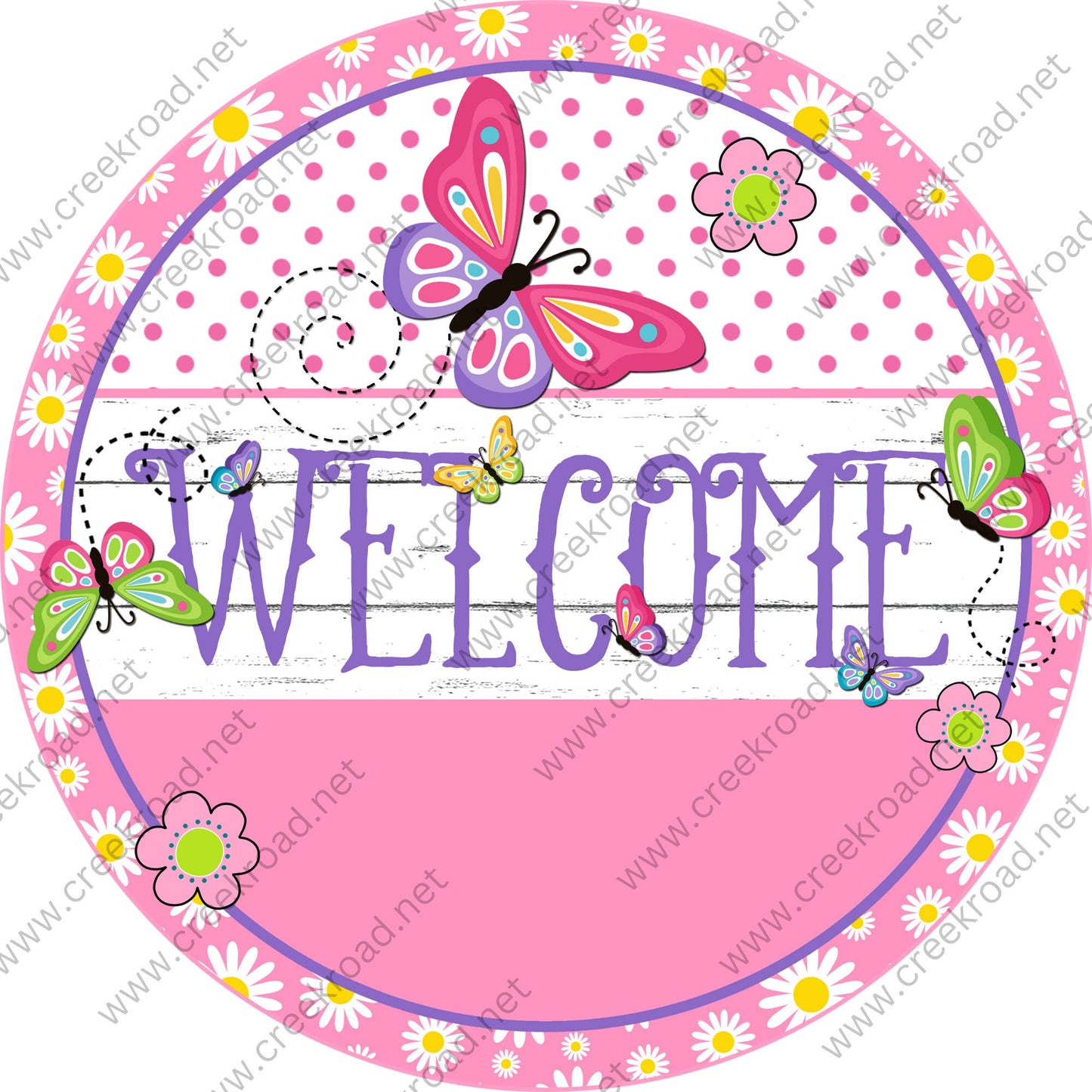 Welcome Pink Purple Green Butterflies Pink Border with Daisy Florals Wreath Sign - Sublimation-decor-attachment