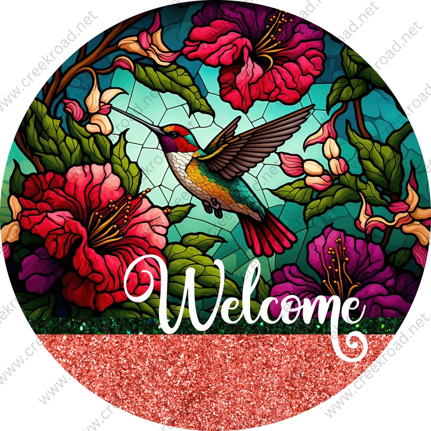 Welcome Colorful Hummingbird Pollenating Flowers Green Red Glitter Accents-Birds-Flowers-Everyday-Wreath Sign-Sublimation-Attachment-Decor