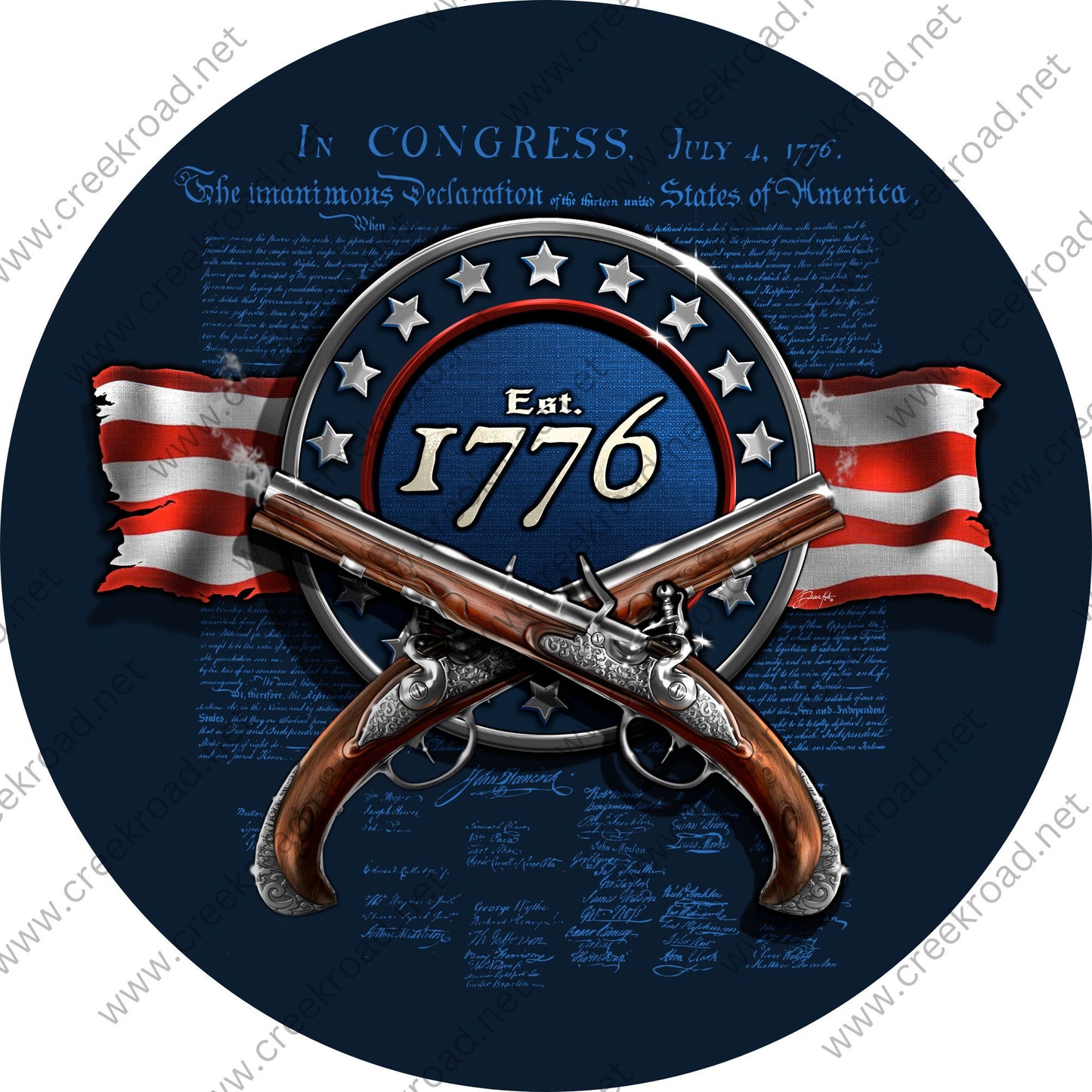 Declaration of Independence Established 1776 Flint Lock Pistol Patriotic Wreath Sign-PICK YOUR FINISH-Sublimation-Aluminum-Attachment