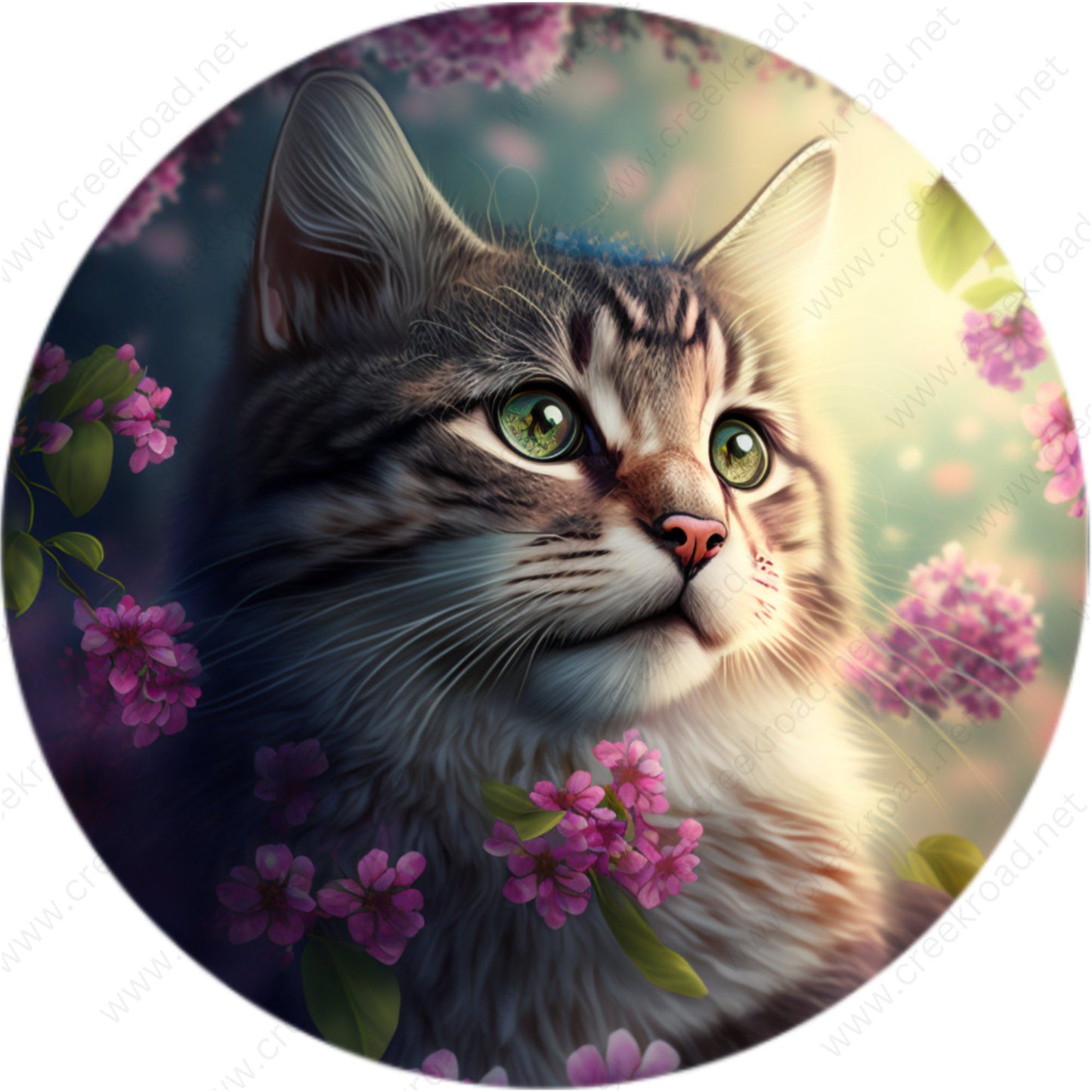 Green Eyed Cat with Purple Flowers Wreath Sign-Round-Everyday-Spring-Sublimation-Aluminum-Attachment-Decor