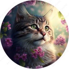 Load image into Gallery viewer, Green Eyed Cat with Purple Flowers Wreath Sign-Round-Everyday-Spring-Sublimation-Aluminum-Attachment-Decor
