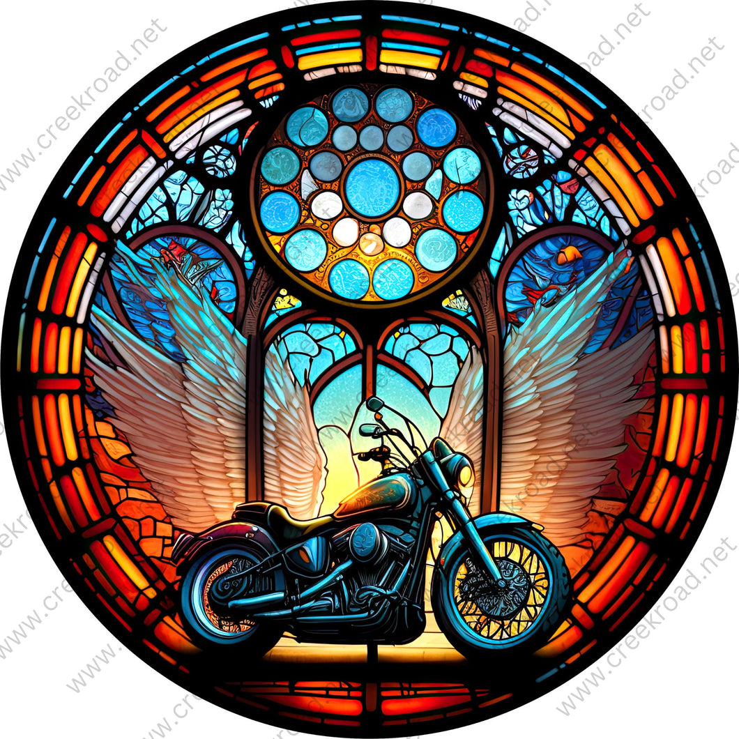 Motorcycle with Angel Wings Faux Stained Glass Wreath Sign-Round-Sublimation-Decor-Attachment