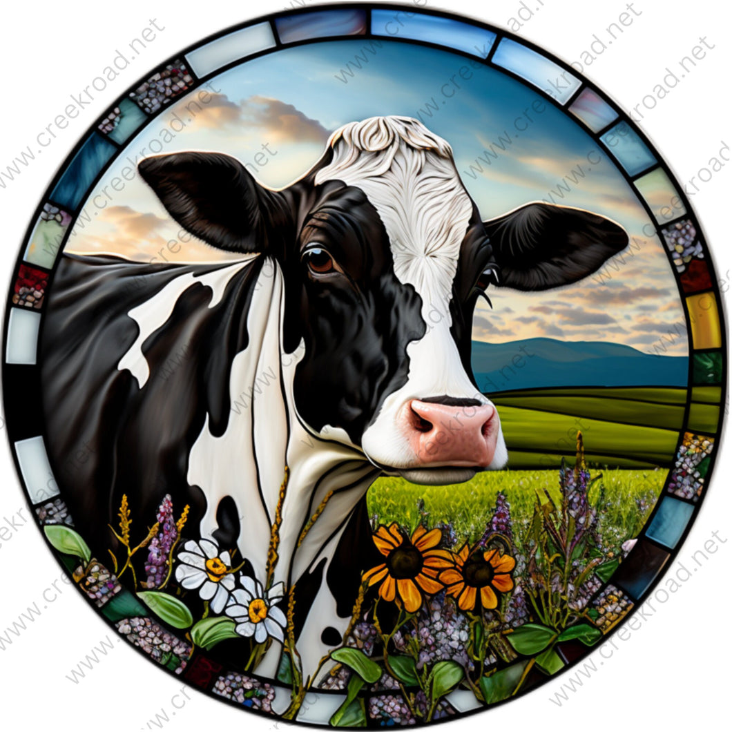 Dairy Cow Black White in Pasture with Flowers Wreath Sign-Round-Sublimation-Occupational-Everyday-Decor