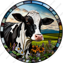Load image into Gallery viewer, Dairy Cow Black White in Pasture with Flowers Wreath Sign-Round-Sublimation-Occupational-Everyday-Decor
