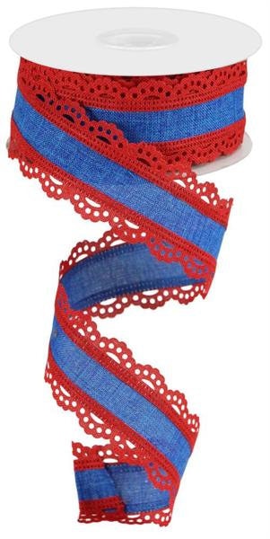 1.5" X 10Yd Wired Scalloped Edge Royal Burlap Ribbon -RGA1541T2-Royal Blue/Red-Wreaths-Crafts-Patriotic