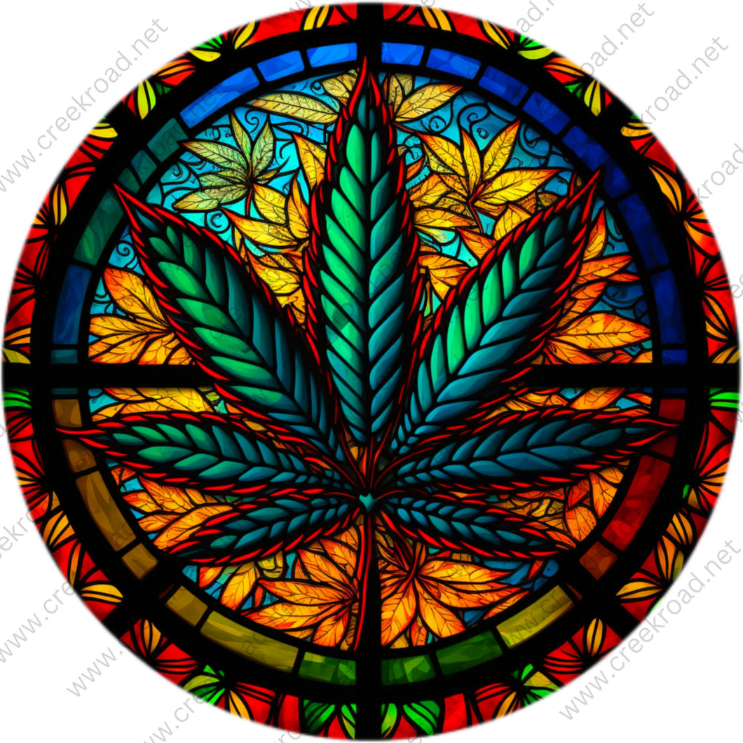 Marijuana Leave Multi Color Faux Stained Glass Wreath Sign-Round-Sublimation-Everyday-Decor