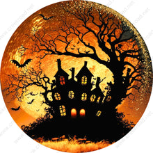 Load image into Gallery viewer, Spooky Halloween House with Bats Wreath Sign-Fall-Sublimation-Round-Decor
