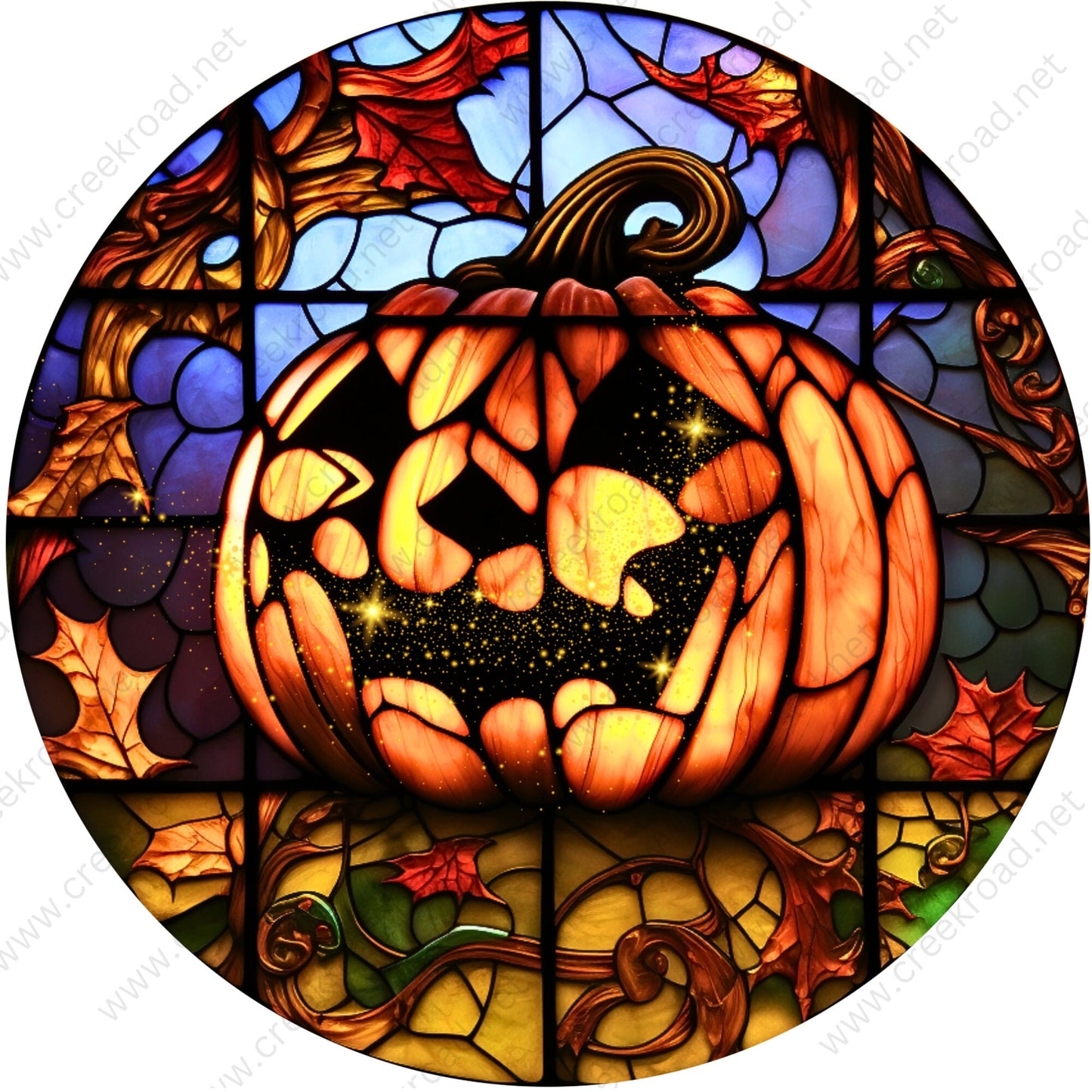 Halloween Jack-o-Lantern Surrounded by Fall Leaves Faux Stained Glass Wreath Sign-Sublimation-Round-Decor