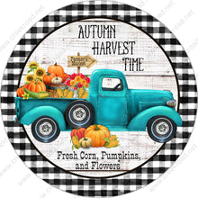 Load image into Gallery viewer, Autumn Harvest Time Teal Truck Corn Pumpkins Flowers Checkered Wreath Sign - Autumn Fall- Wreath Sign - Sublimation Sign - Wreath Attachment

