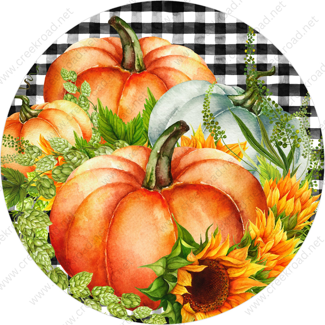 Pumpkins with Sunflowers on Black White Gingham Background Wreath Sign-Fall-Sublimation-Attachment-Round-Decor