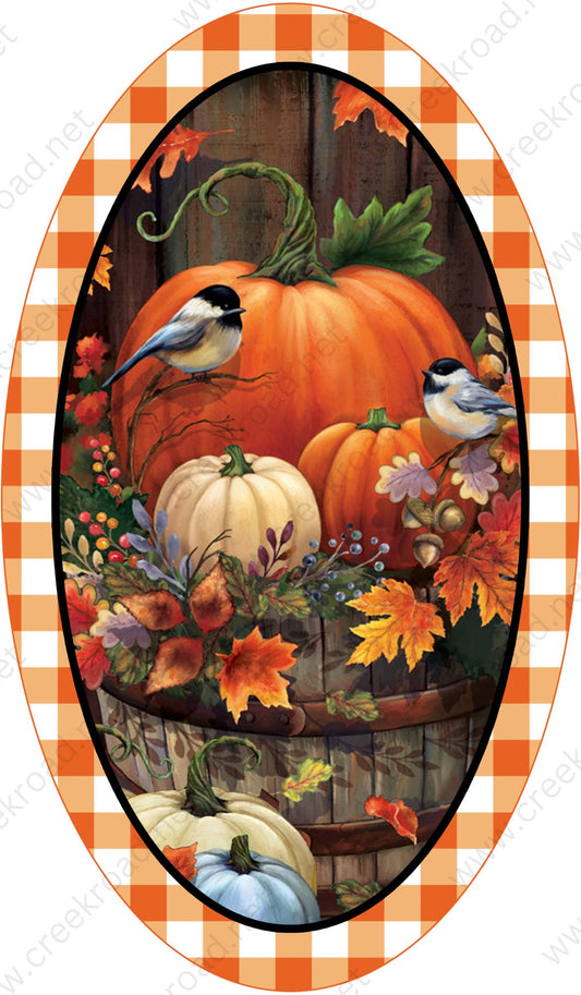 Pumpkins with Blue Birds in Wooden Wash Tub Wreath Sign-Oval 7"x12"-Fall-Sublimation-Attachment-Round-Decor