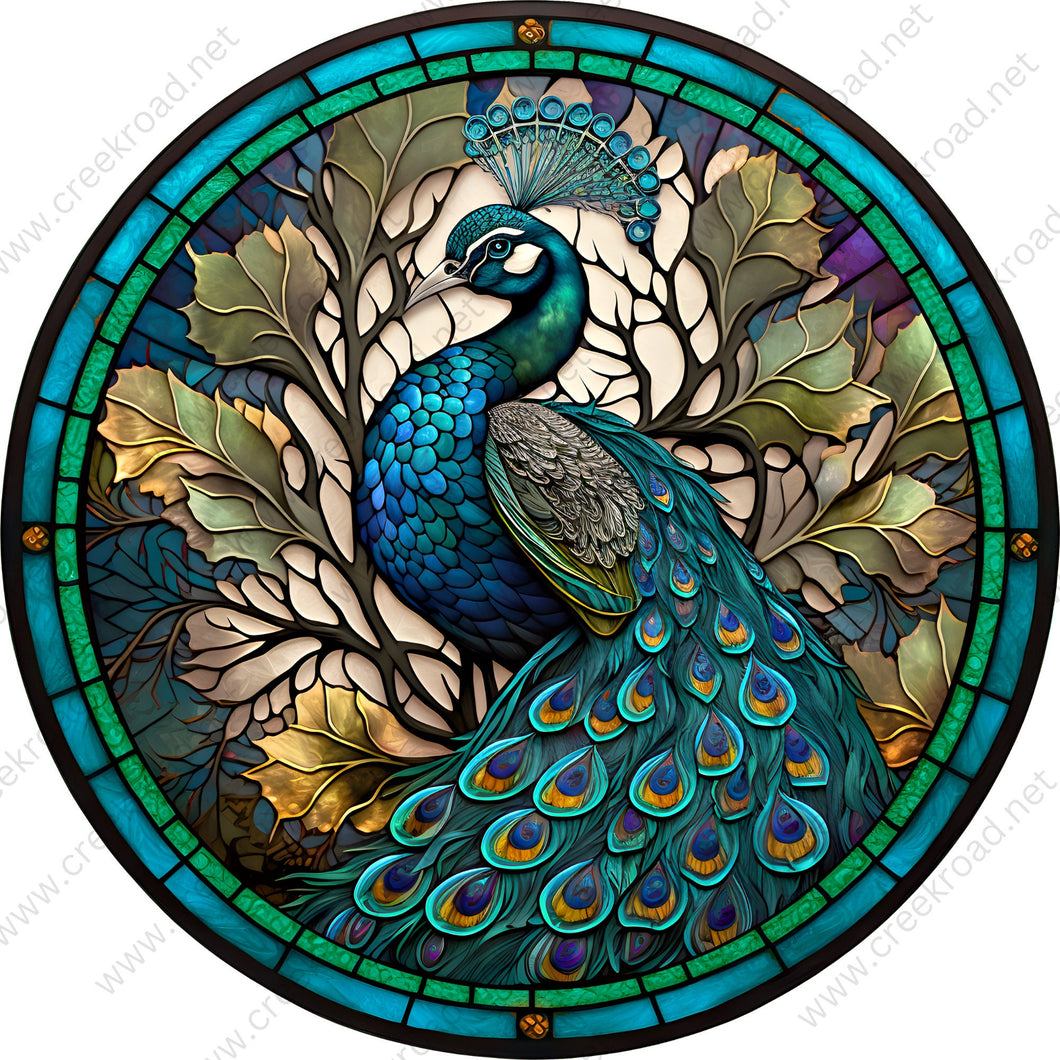 Beautiful Peacock Faux Stained Glass Wreath Sign-Blue Yellow Purple Everyday-Wreath Sign-Sublimation Sign-Wreath Attachment-Everyday-Spring