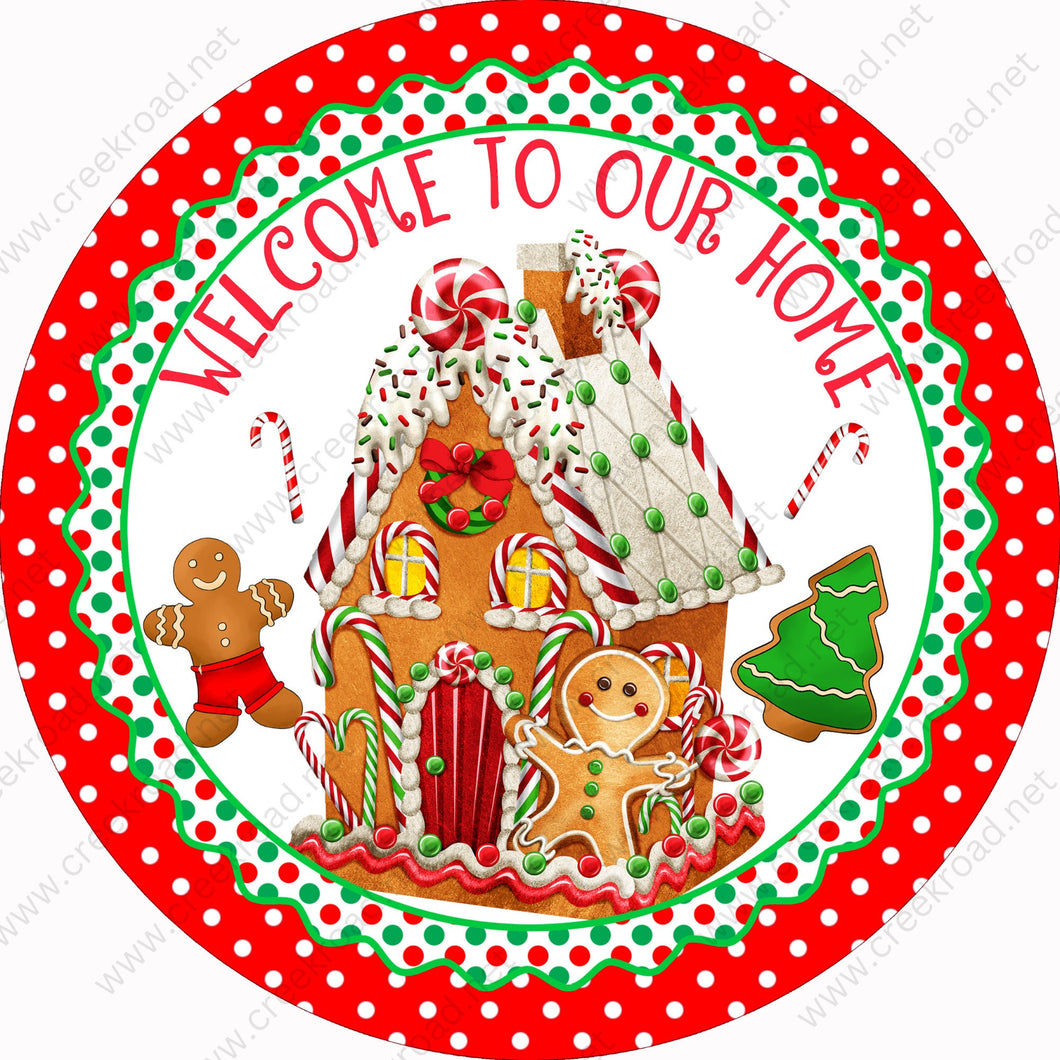 Welcome To Our Home Gingerbread House Red White Polka Dot Border Wreath Sign-Christmas-Sublimation-Attachment-Decor