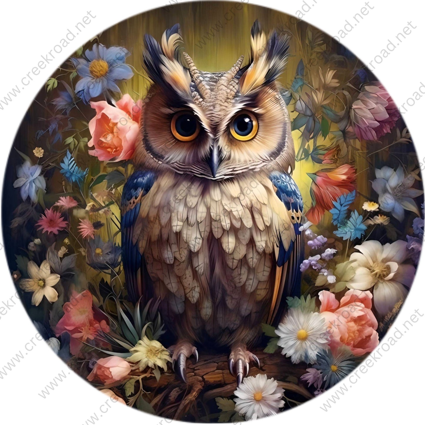 Colorful Blue Yellow Owl with Flowers Wreath Sign-Round-Sublimation-Decor