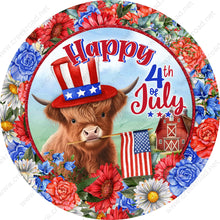 Load image into Gallery viewer, Happy 4th of July Highland Cow Barn with Colorful Floral Border Wreath Sign-Round-Sublimation-Aluminum-Attachment-Decor
