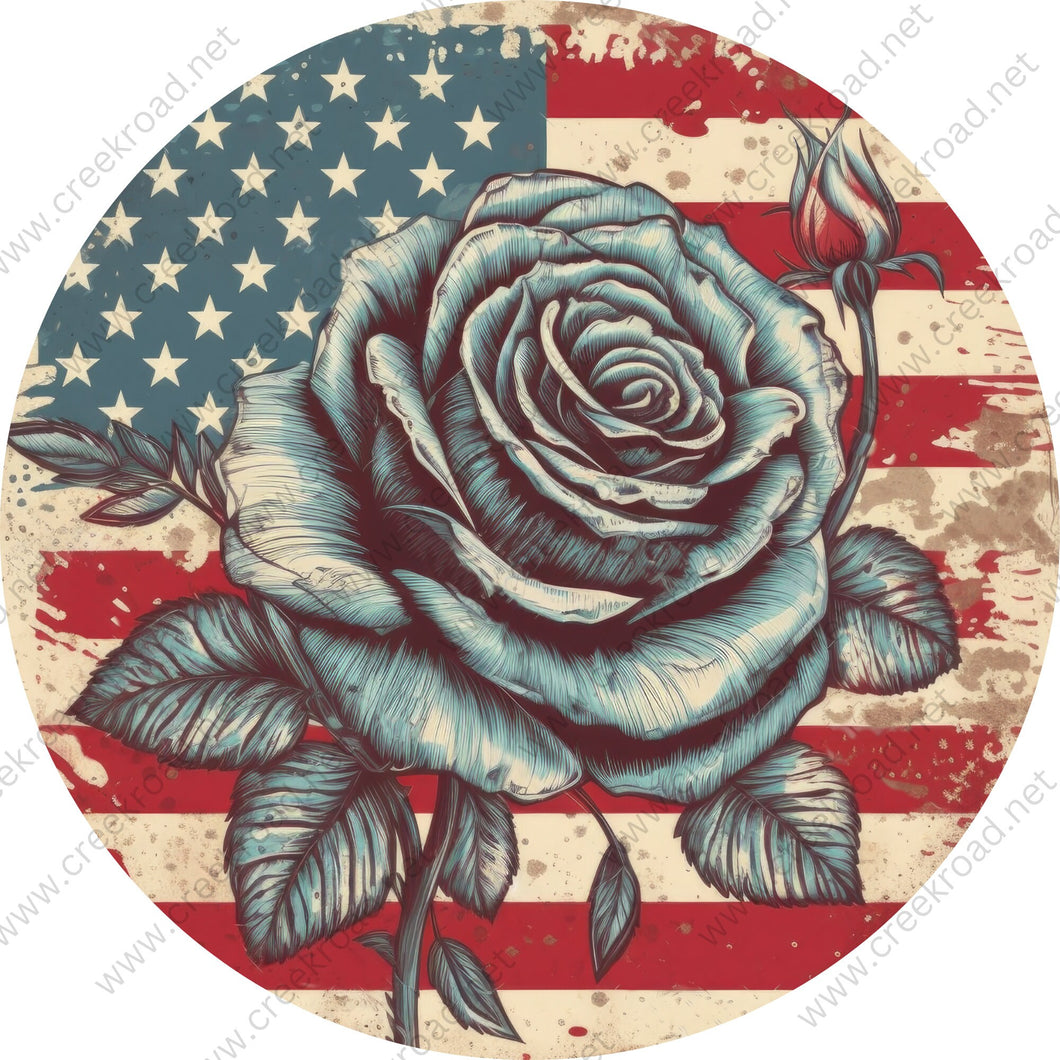 Patriotic Blue Rose on Distressed Flag Background Wreath Sign-Round-Sublimation-Aluminum-Attachment-Decor