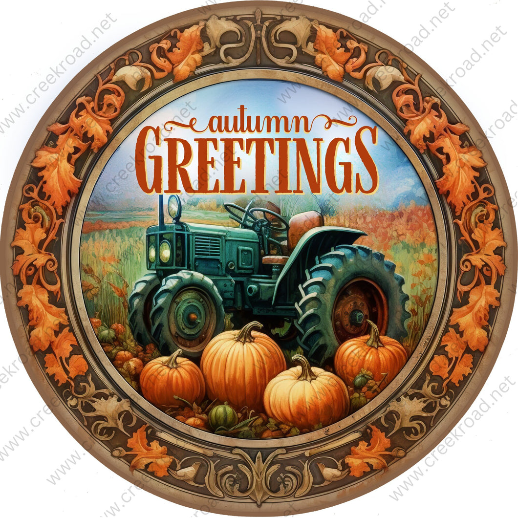 Autumn Greetings Green Tractor in Pumpkin Patch Wreath Sign-Fall-Sublimation-Attachment-Round-Creek Road Designs