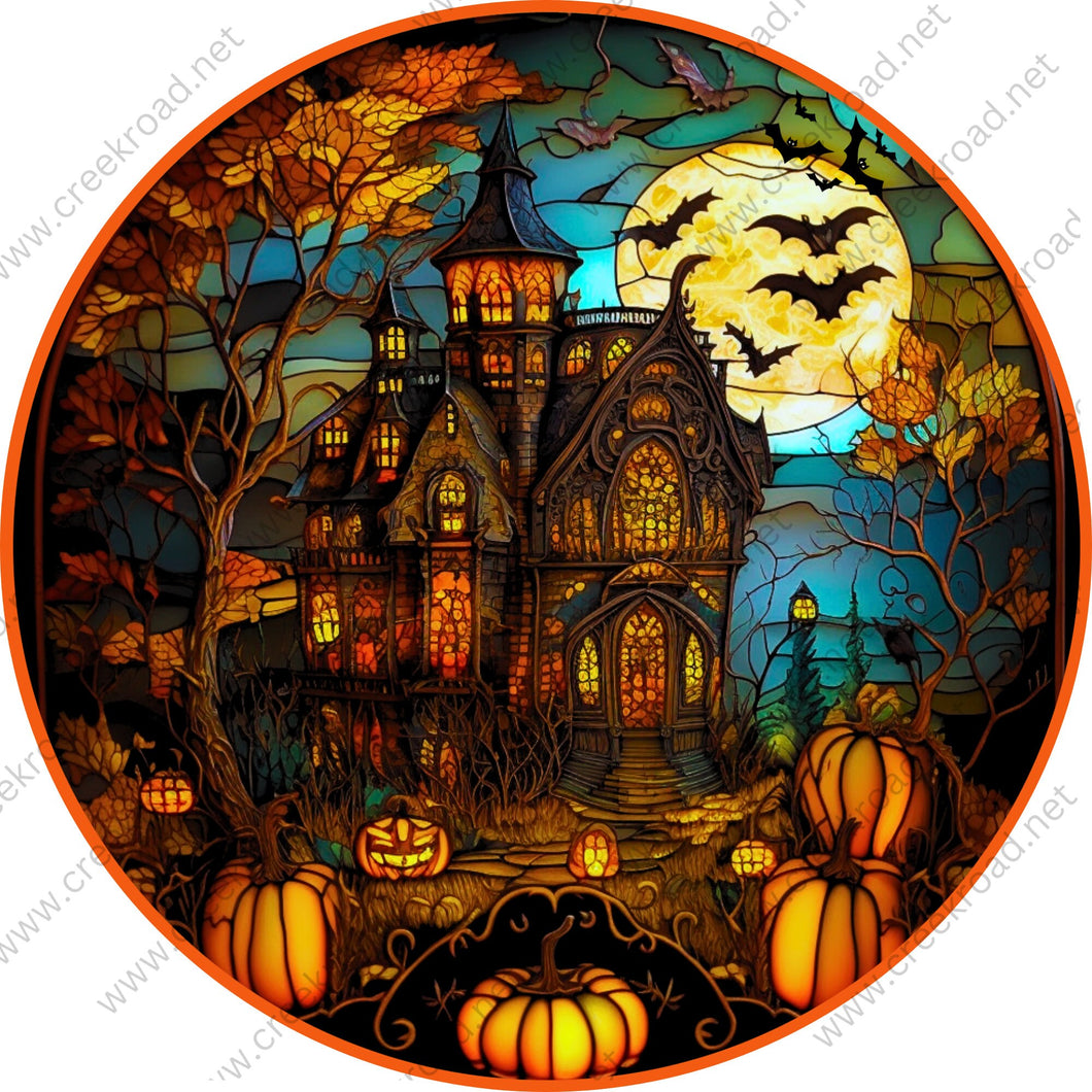 Haunted Halloween Mansion with Jack-O-Lanterns Bats Under Full Moon Wreath Sign-Fall-Sublimation-Round-Decor