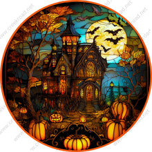 Load image into Gallery viewer, Haunted Halloween Mansion with Jack-O-Lanterns Bats Under Full Moon Wreath Sign-Fall-Sublimation-Round-Decor
