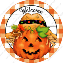 Load image into Gallery viewer, Welcome Pumpkin Scarecrow Orange White Checkered Border Wreath Sign - Autumn Fall- Wreath Sign - Sublimation Sign - Wreath Attachment
