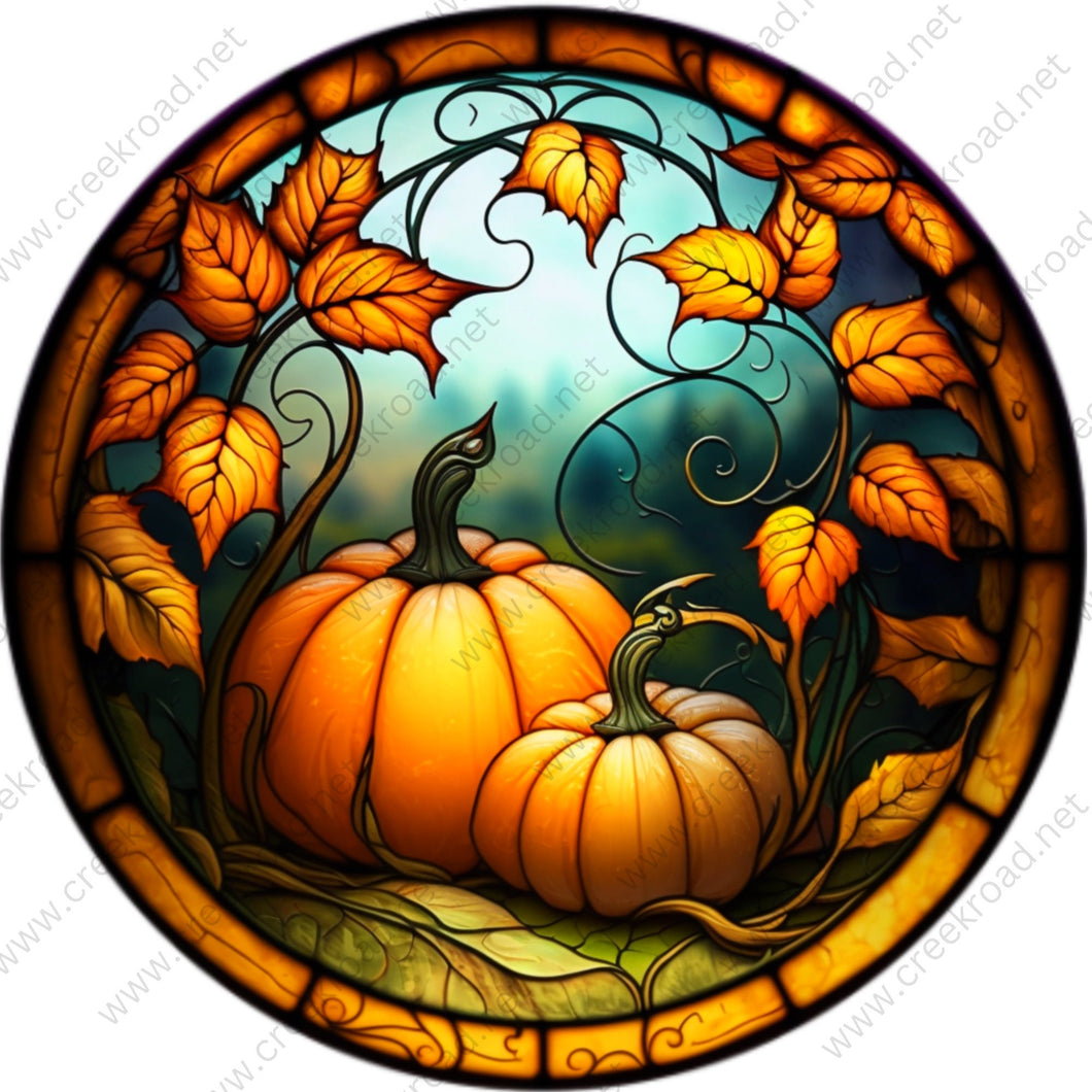 Orange Pumpkins with Fall Leaves Teal Background Faux Stained Glass Wreath Sign-Fall-Sublimation-Attachment-Round-Decor