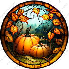 Load image into Gallery viewer, Orange Pumpkins with Fall Leaves Teal Background Faux Stained Glass Wreath Sign-Fall-Sublimation-Attachment-Round-Decor
