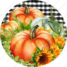 Load image into Gallery viewer, Pumpkins with Sunflowers on Black White Gingham Background Wreath Sign-Fall-Sublimation-Attachment-Round-Decor
