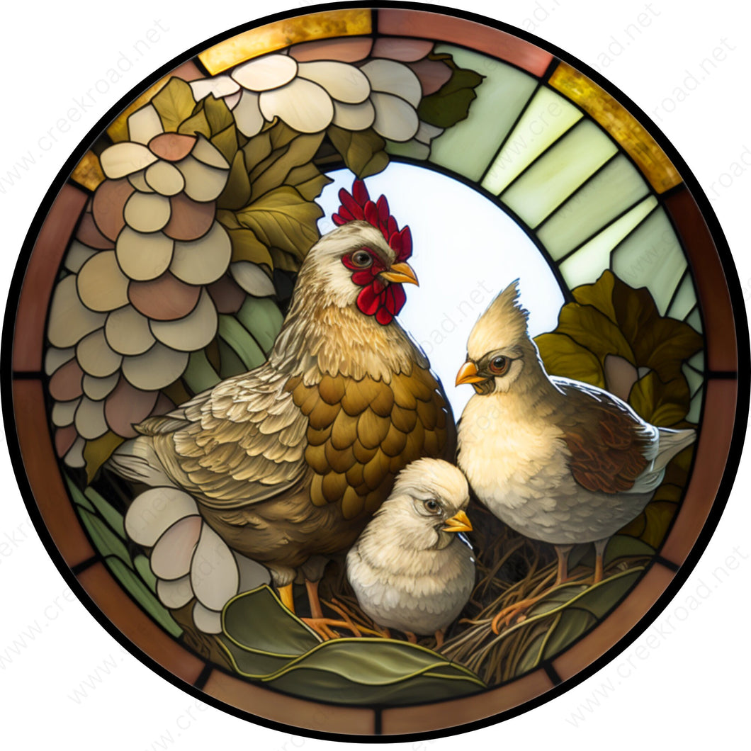 Farm Chicken with Young Chickens Faux Stained Glass Wreath Sign-Round-Sublimation-Aluminum-Attachment-Decor