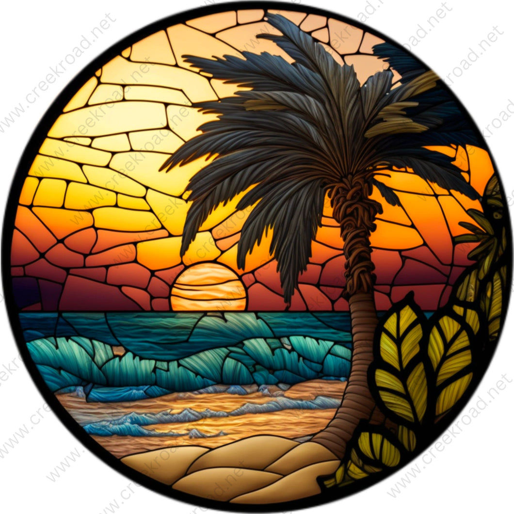 Tropical Island Sunset Faux Stained Glass Wreath Sign-Round-Sublimation-Coastal-Decor