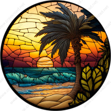 Load image into Gallery viewer, Tropical Island Sunset Faux Stained Glass Wreath Sign-Round-Sublimation-Coastal-Decor
