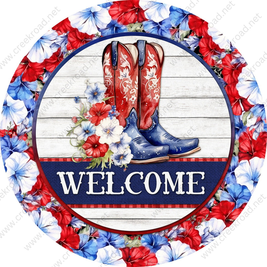 Welcome Patriotic Cowboy Boots with Red White Blue Floral Border Shiplap Background Wreath Sign-Creek Road Designs-Sublimation-Attachment