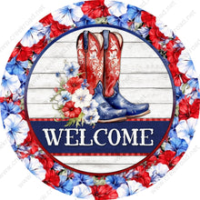 Load image into Gallery viewer, Welcome Patriotic Cowboy Boots with Red White Blue Floral Border Shiplap Background Wreath Sign-Creek Road Designs-Sublimation-Attachment
