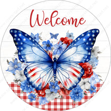 Load image into Gallery viewer, Welcome Patriotic Butterfly Watercolor on Shiplap Background Red White Gingham Wreath Sign-Sublimation-Decor-Round-Creek Road Design
