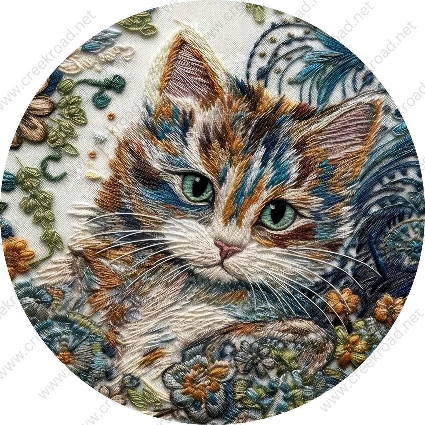 Adorable Cat Faux Embroidery Wreath Sign-Round-Sublimation-Decor