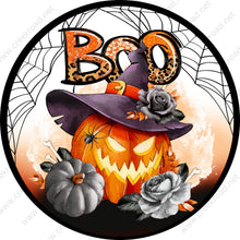 Load image into Gallery viewer, Boo Jackolantern Purple Witch Hat Spiderweb Wreath Sign-Halloween-Sublimation-Decor-Creek Road Designs
