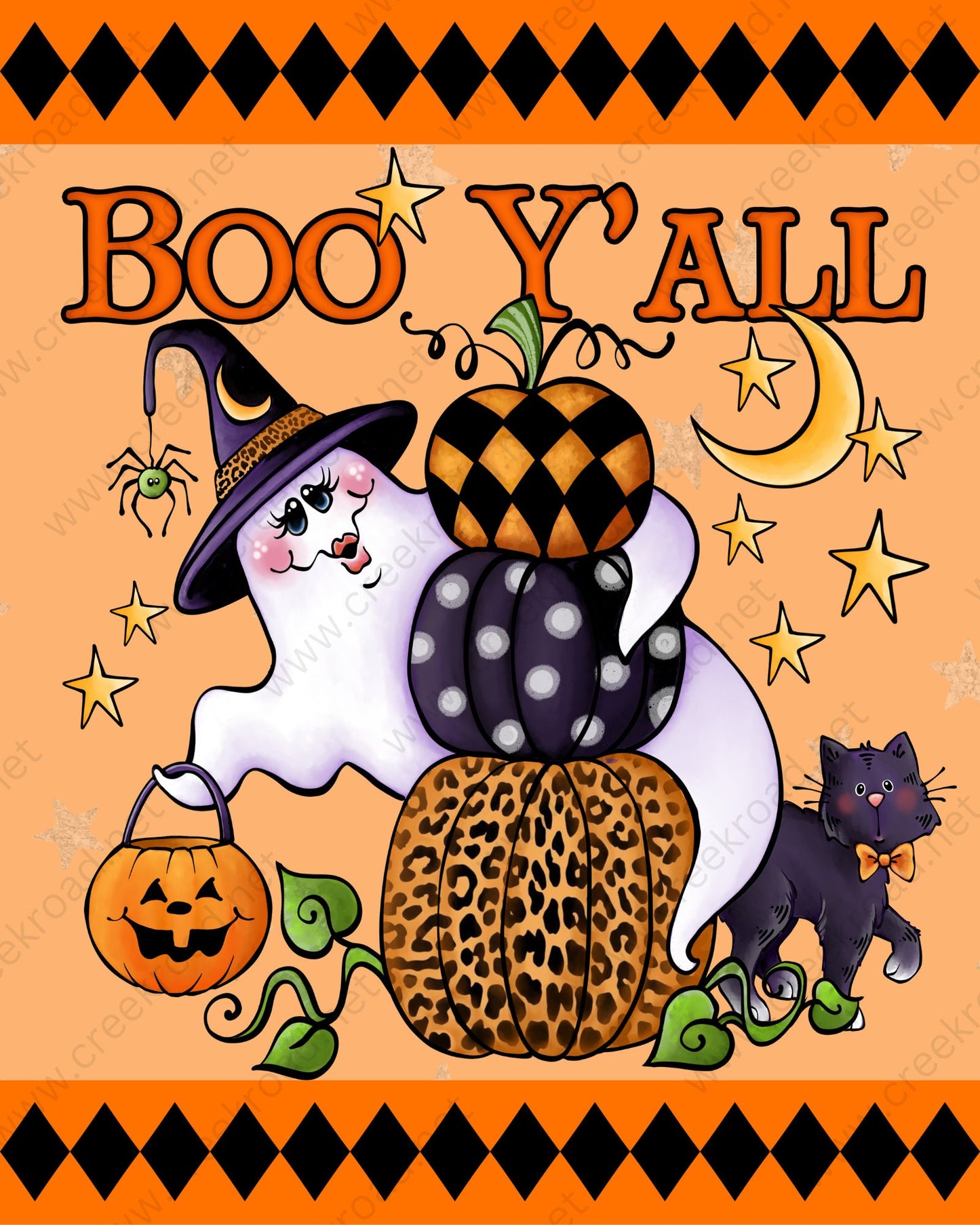 Boo Y'all Halloween Ghost Cat with Pump Stack with Diamond Border 8"x10" Wreath Sign-Halloween-Sublimation-Decor-Creek Road Designs