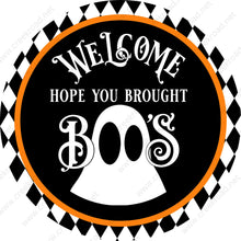 Load image into Gallery viewer, Welcome Hope You Brought Boos Ghost Wreath Sign-Halloween-Sublimation-Decor-Creek Road Designs
