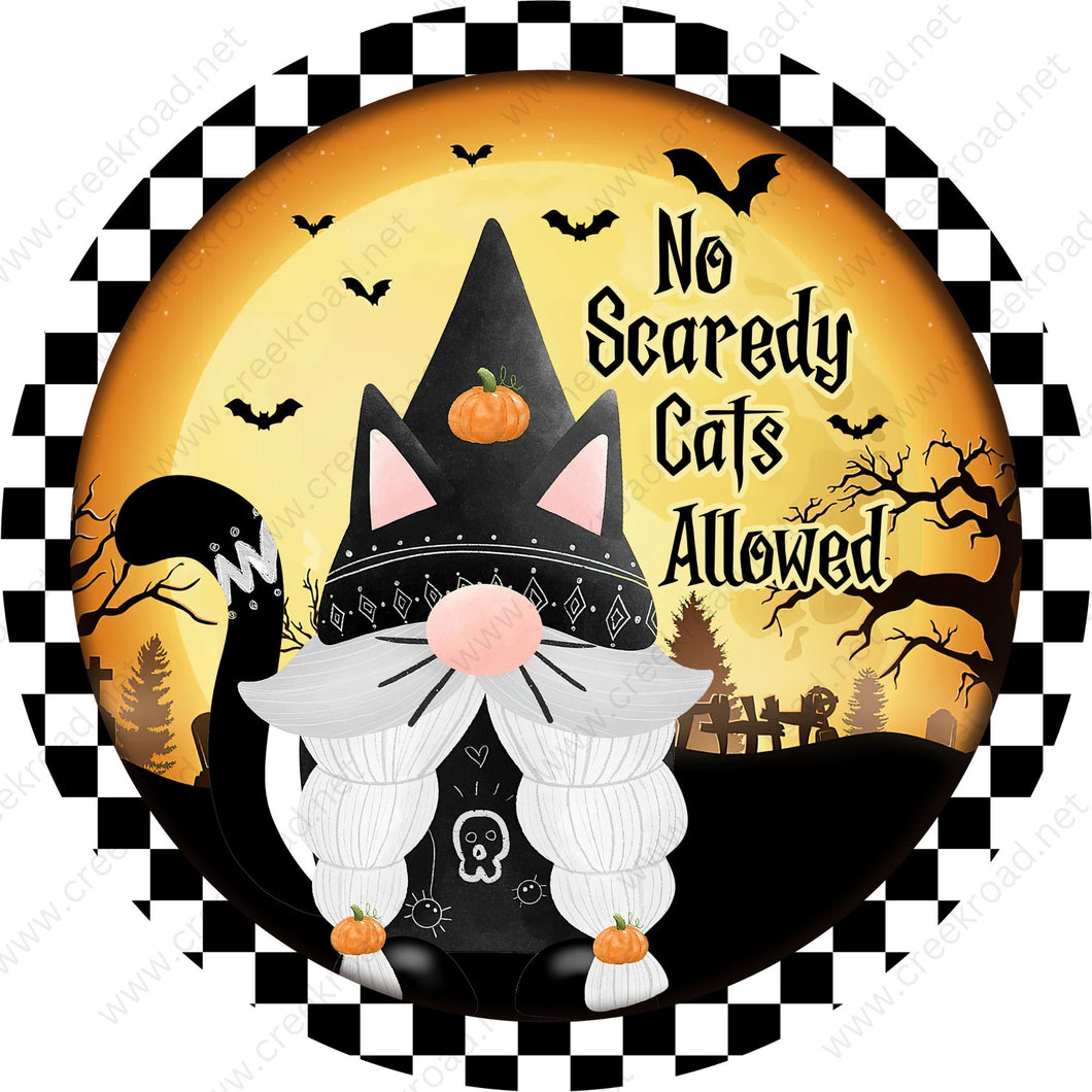 No Scaredy Cats Allowed Gnome Cat on Checkered Border Wreath Sign-Halloween-Sublimation-Decor-Creek Road Designs