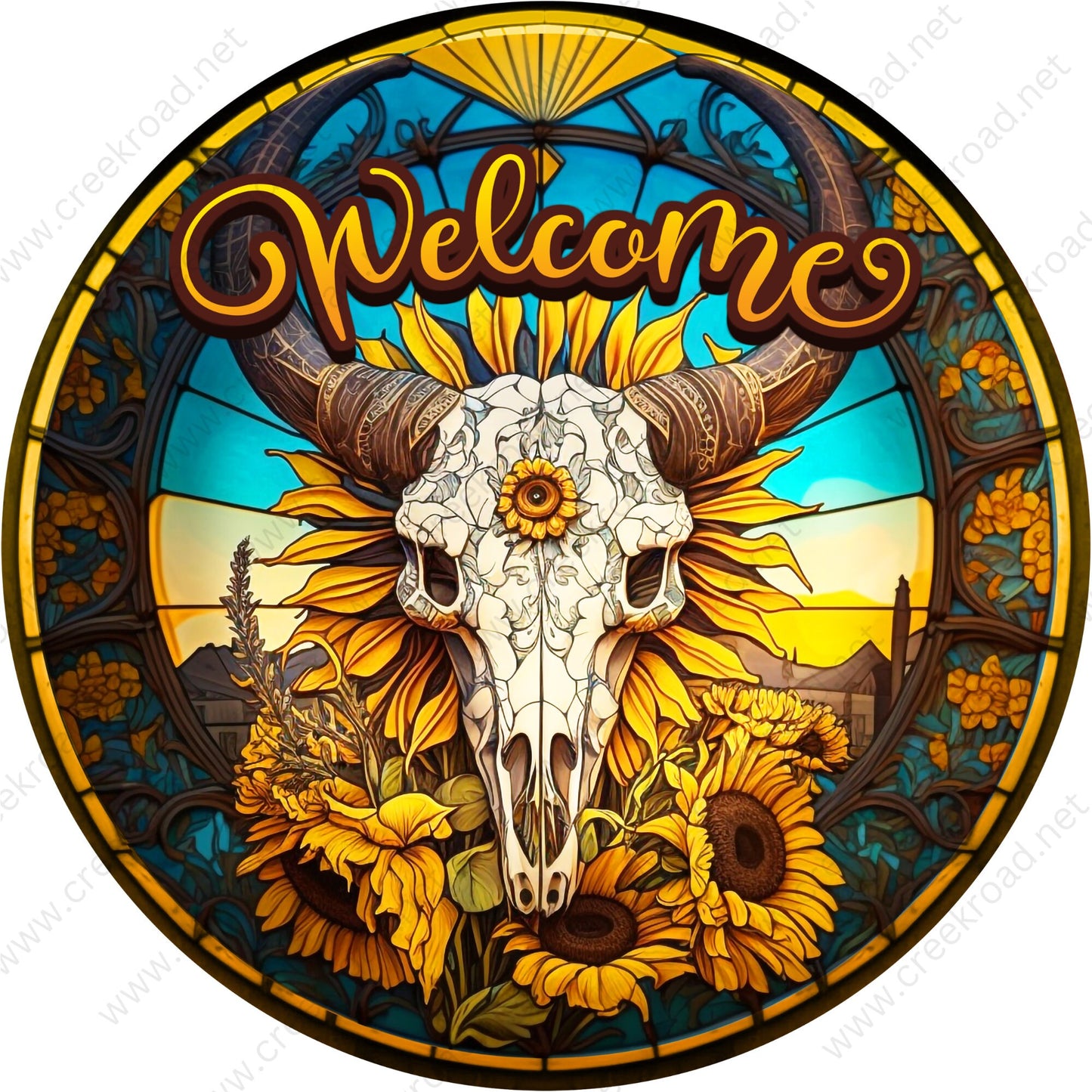 Welcome Sunflower Cow Skull Wreath Sign-Round-Sublimation-Farm-Decor-Creek Road Designs